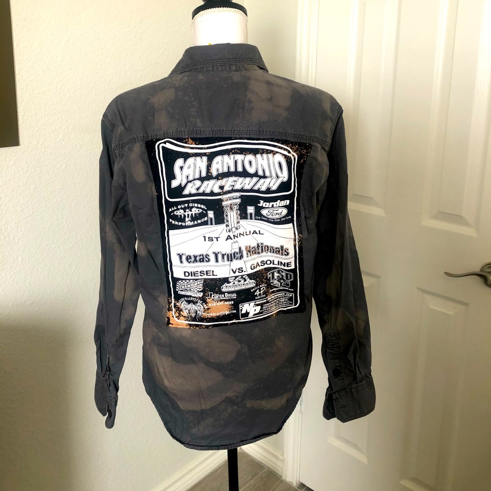 San Antonio raceway gray button down with bleach